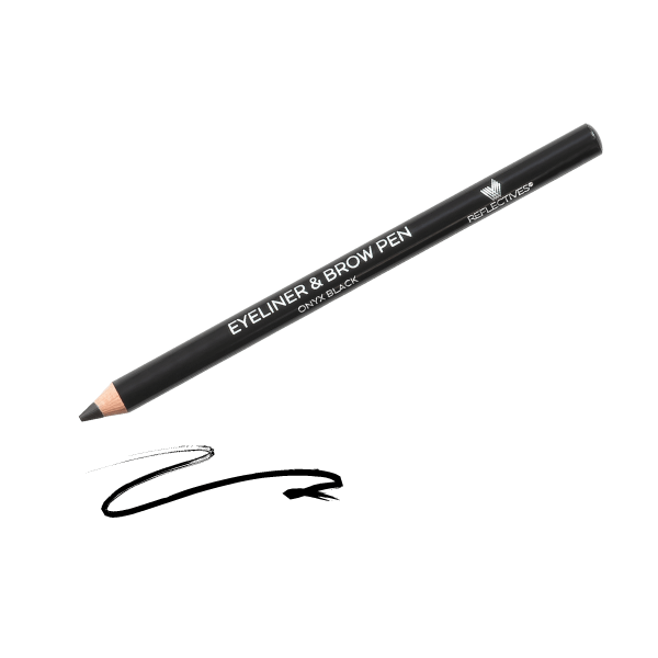 Schwarzer Kajal/Augenbrauenstift (Eyeliner & Brow Pen Onyx Black) in der geöffneten Ansicht mit gezogener Farblinie.