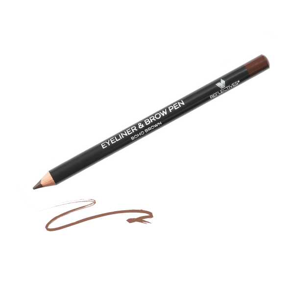 Brauner Kajal/Augenbrauenstift (Eyeliner & Brow Pen Boho Brown) in der geöffneten Ansicht mit gezogener Farblinie.